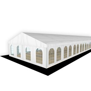 Eventzelt 8 x 33 m inkl. Seitenmarkisen (50% Fenster) und Zeltfußboden