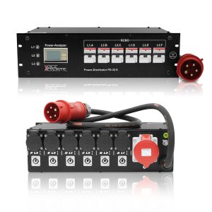 Stromverteiler 19" - UV 20 - 32A/400V - Kabel - RCBO= 6 x 230V  (Schuko + Powercon) + Durchgang 1 x 32A + Multifunktionsanzeige