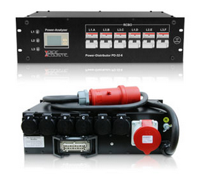 Stromverteiler 19" - UV 21 - 32A/400V - Kabel - RCBO= 6 x 230V  (Multipin + Powercon) + Durchgang 1 x 32A + Multifunktionsanzeige