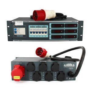 Stromverteiler 19" - UV 40 - 32A/400V - Kabel - FI1 = 6 x 230V + o. FI= 1 x 32A + Strom/Spannungsmesser