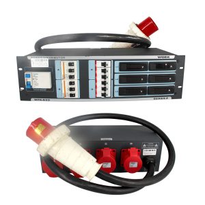 Stromverteiler 19" - UV 50 - 63A/400V - Kabel - FI1 = 2 x 16A + 1 x 32A + o. FI = 1 x 32A + Strom/Spannungsmesser